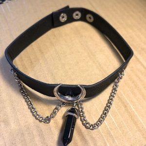 Black leather choker sideways silver moon, hanging black crystal 2 silver chains